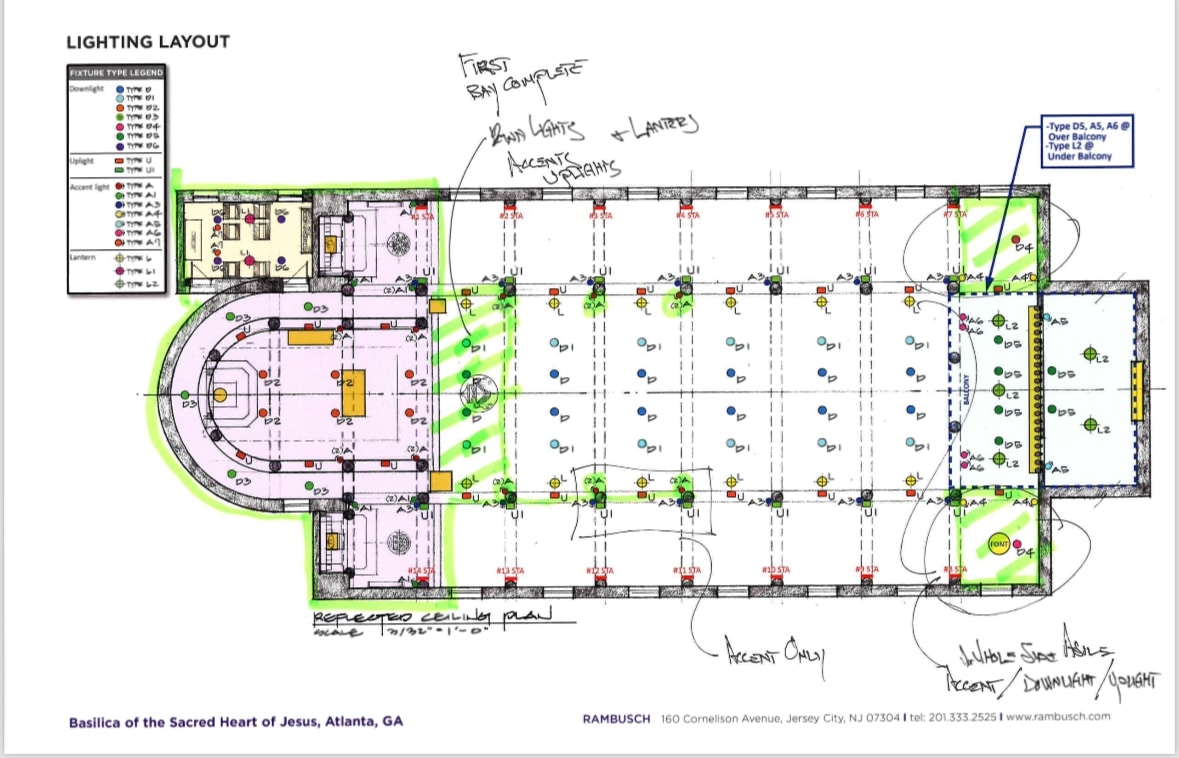 An illustration of a floor plan of a church showing the placement of light fixtures